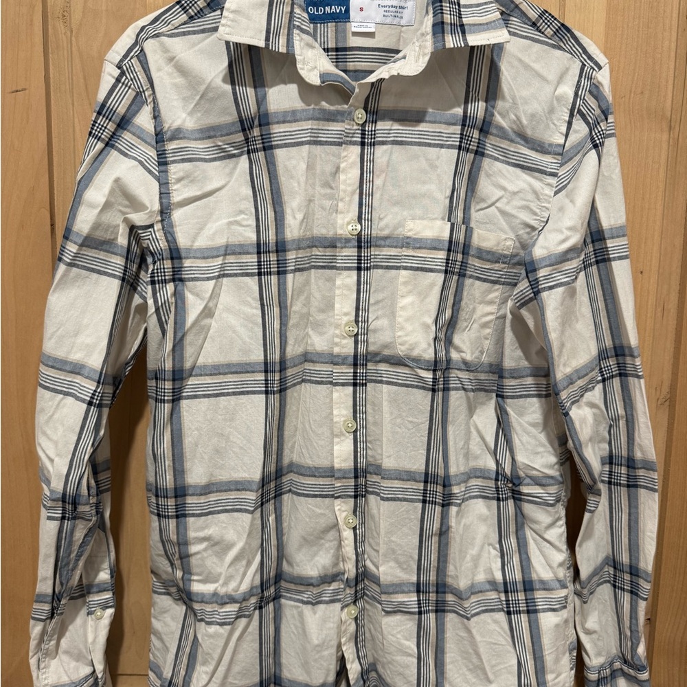 Old Navy Men's Blue and White Plaid Dress Shirt